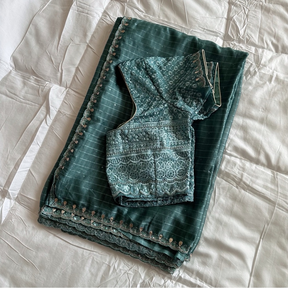 NEW Tissue Beaded Teal Designer Saree + Stitched Blouse